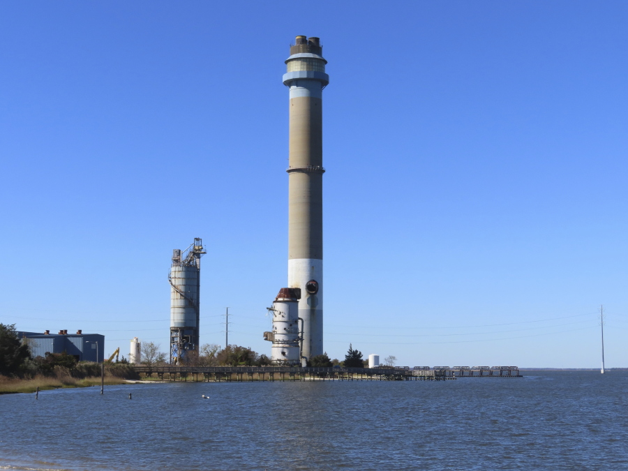 The smokestack of the former B.L. England power plant in Upper Township, N.J., stands on Oct. 23, 2023 photo. The 463-foot stack will be imploded on Wednesday, Oct. 26, 2023.