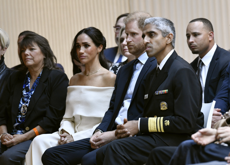 Meghan, Duchess of Sussex, second from left, Britain's Prince Harry, The Duke of Sussex, and Dr. Vivek Murthy, U.S. Surgeon General, attend The Archewell Foundation Parents' Summit "Mental Wellness in the Digital Age" as part of Project Healthy Minds' World Mental Health Day Festival on Tuesday, Oct. 10, 2023, in New York.