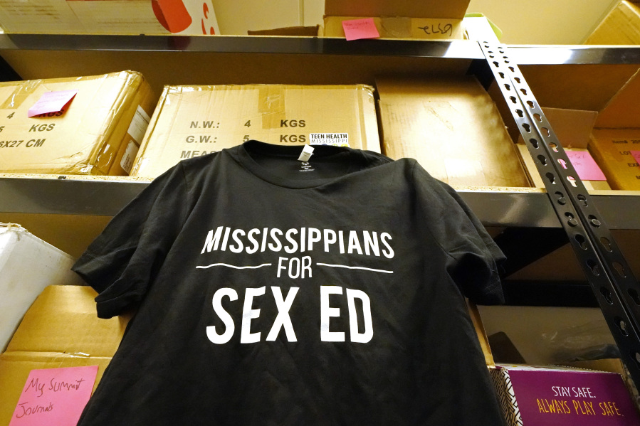 A t-shirt signifying the wearer supports sex education and photographed Tuesday, Sept. 26, 2023, in Jackson, Miss., is made available by Teen Health Mississippi, an organization that works to improve access to high-quality sex ed and youth-friendly healthcare. The shirt is sometimes worn by staff and youth partners to help facilitate group discussions among other youth and the community at large. (AP Photo/Rogelio V.