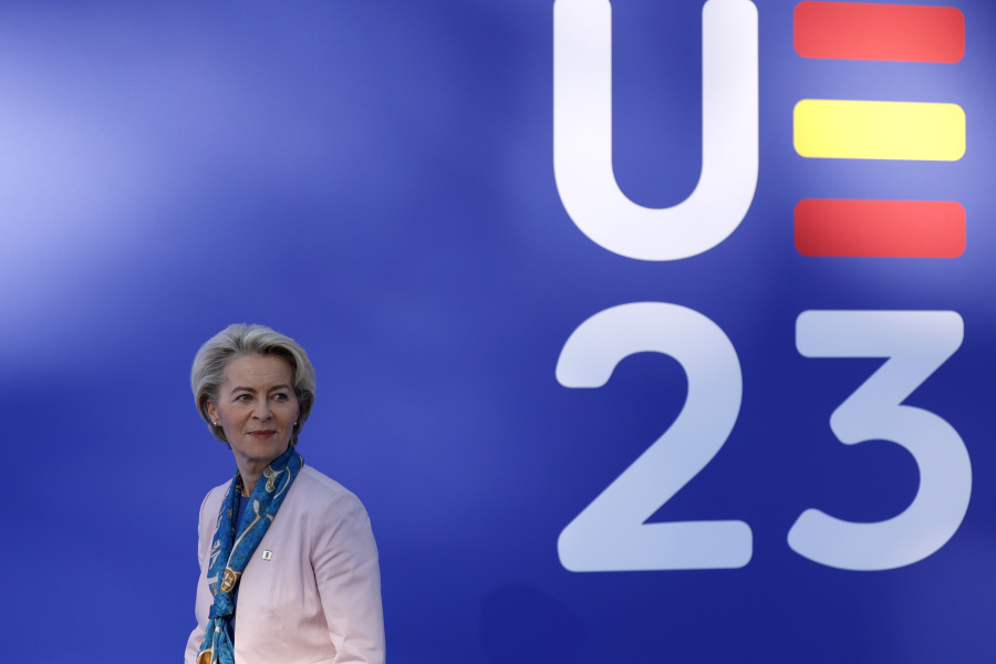 European Commission President Ursula von der Leyen arrives at the 2nd day of the Europe Summit in Granada, Spain, Friday, Oct. 6, 2023. European Union leaders have pledged Ukrainian President Volodymyr Zelenskyy their unwavering support. On Friday, they will face one of their worst political headaches on a key commitment. How and when to welcome debt-laden and war-battered Ukraine into the bloc.