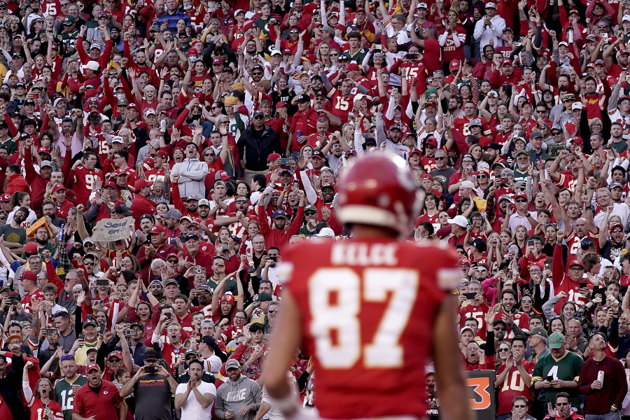 Fans cheer after Kansas City Chiefs tight end Travis Kelce scored a touchdown Nov. 7, 2021, in Kansas City, Mo.