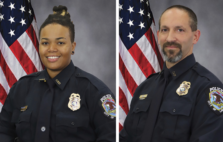 These images provided by the City of La Vergne shows La Vergne Police Officers Ashley Boleyjack and Gregory Kern. Police in Tennessee were searching Sunday, Oct. 22, 2023 for the estranged son of Nashville's police chief as the suspect in the shooting of the two police officers outside a Dollar General store.