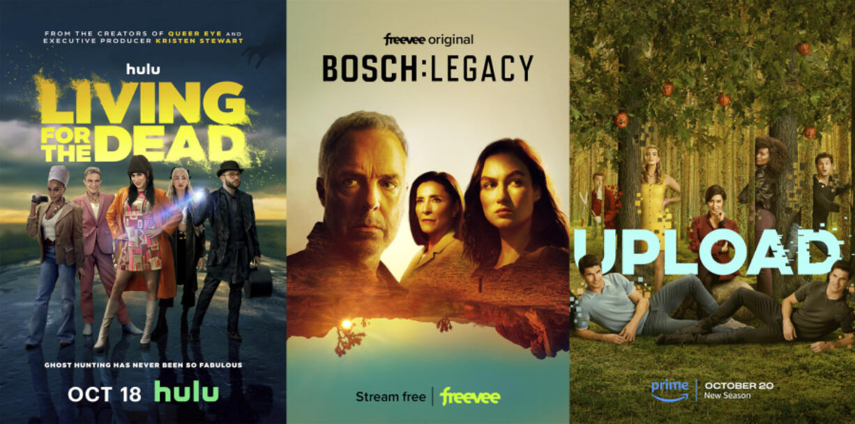 This combination of photos shows promotional art for ""Living for the Dead," a new Hulu series executive produced and narrated by Kristen Stewart, left,  "Bosch: Legacy," premiering Friday, Oct. 20 on Freevee,  center, and "Upload," premiering Friday, Oct. 20.
