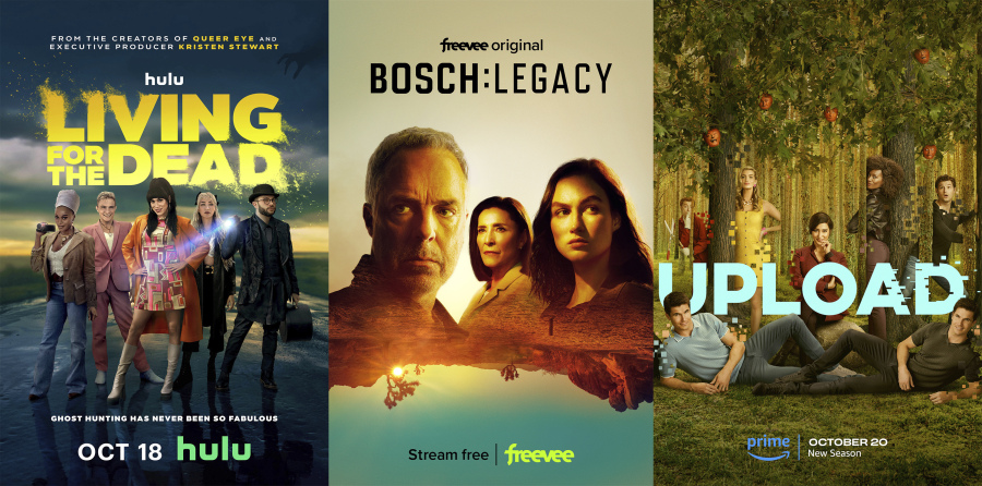 This combination of photos shows promotional art for ""Living for the Dead," a new Hulu series executive produced and narrated by Kristen Stewart, left,  "Bosch: Legacy," premiering Friday, Oct. 20 on Freevee,  center, and "Upload," premiering Friday, Oct. 20.