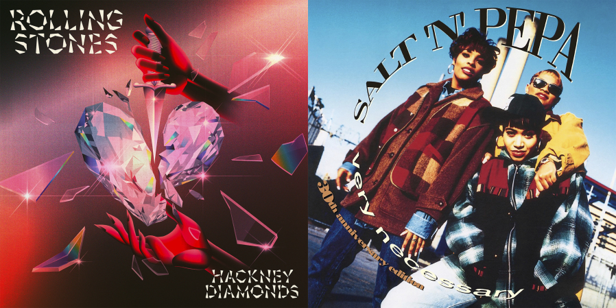 This combination of images shows album art for "Hackney Diamonds" by The Rolling Stones, left, and "Very Necessary (30th Anniversary Edition)" by Salt-N-Pepa.