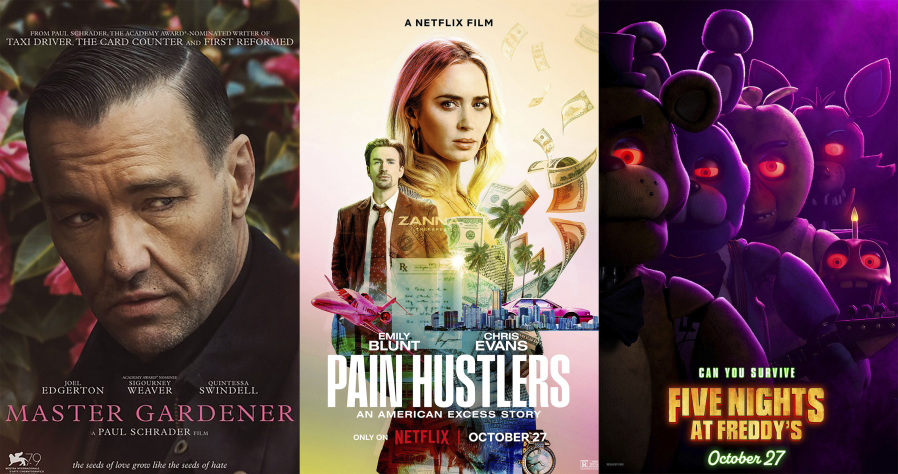 This combination of photos shows promotional art for "Master Gardener" streaming Oct. 26 on Hulu, left, "Pain Hustlers" streaming Oct. 27 on Netflix, center, and "Five Nights at Freddy's," streaming Oct. 27 on Peacock.