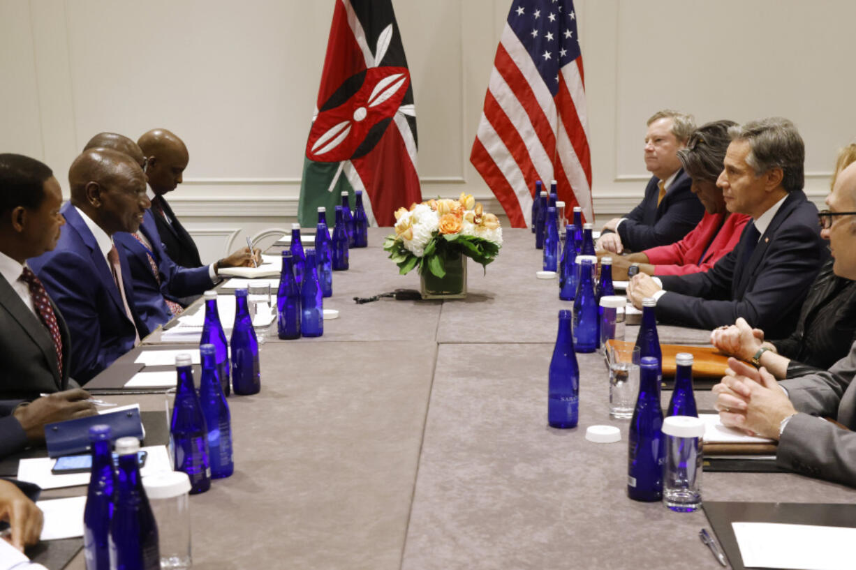 Secretary of State Antony Blinken, right, meets with Kenya's President William Ruto, left, Thursday, Sept. 21, 2023, in New York.