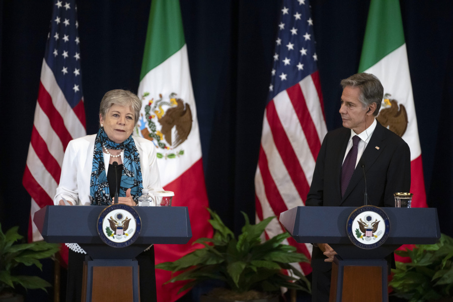 Mexico's Foreign Minister Alicia Barcena, left, speaks as Secretary of State Antony Blinken listens during a media briefing at the State Department, Friday, Sept. 29, 2023, in Washington.