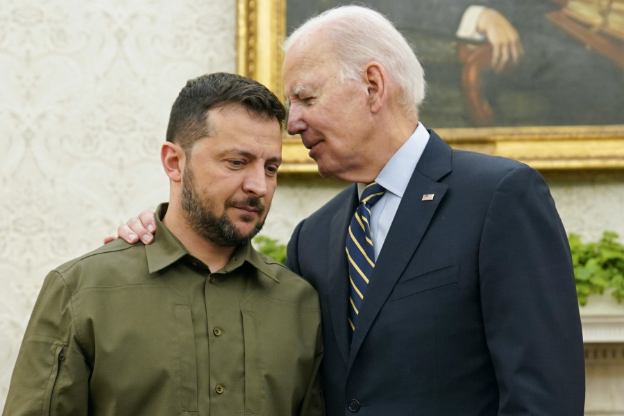 FILE - President Joe Biden meets with Ukrainian President Volodymyr Zelenskyy in the Oval Office of the White House, Thursday, Sept. 21, 2023, in Washington.
