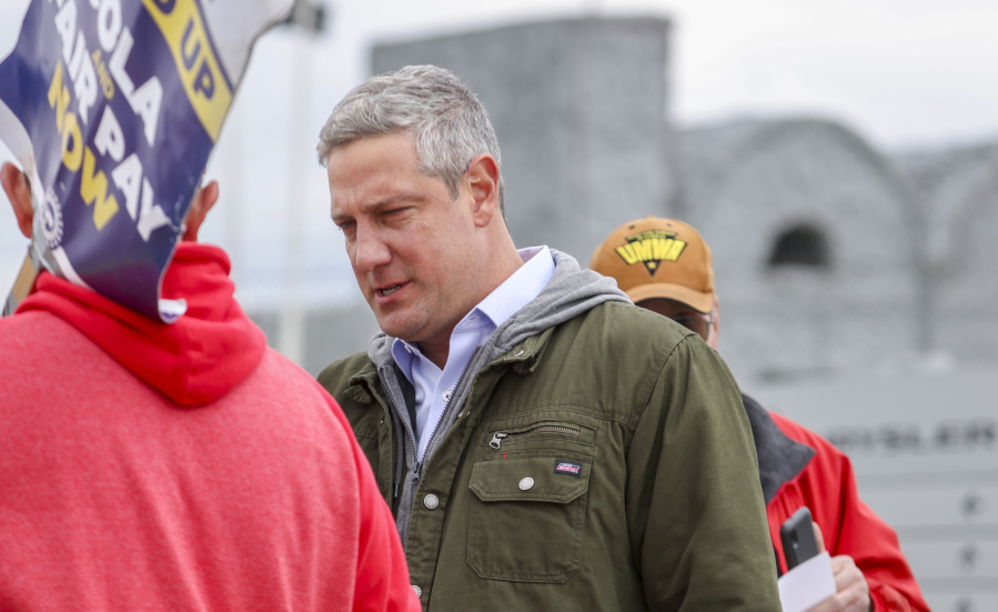 Former Ohio Democratic representative Tim Ryan stands with United Mine Workers of America members as they support the United Auto Workers union members in their second month of a labor strike at Chrysler's Stellantis Toledo Assembly Complex, on Tuesday, Oct. 17, 2023, in Toledo, Ohio. (Phillip L.