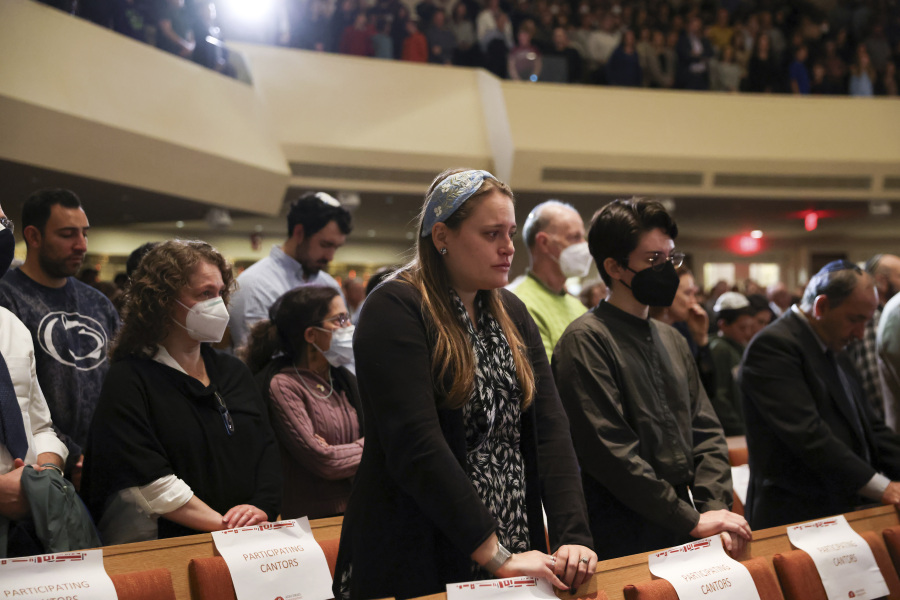 A cantor cries during a prayer at Adas Israel Congregation's vigil for Israel, Tuesday, Oct. 10, 2023, in Washington.