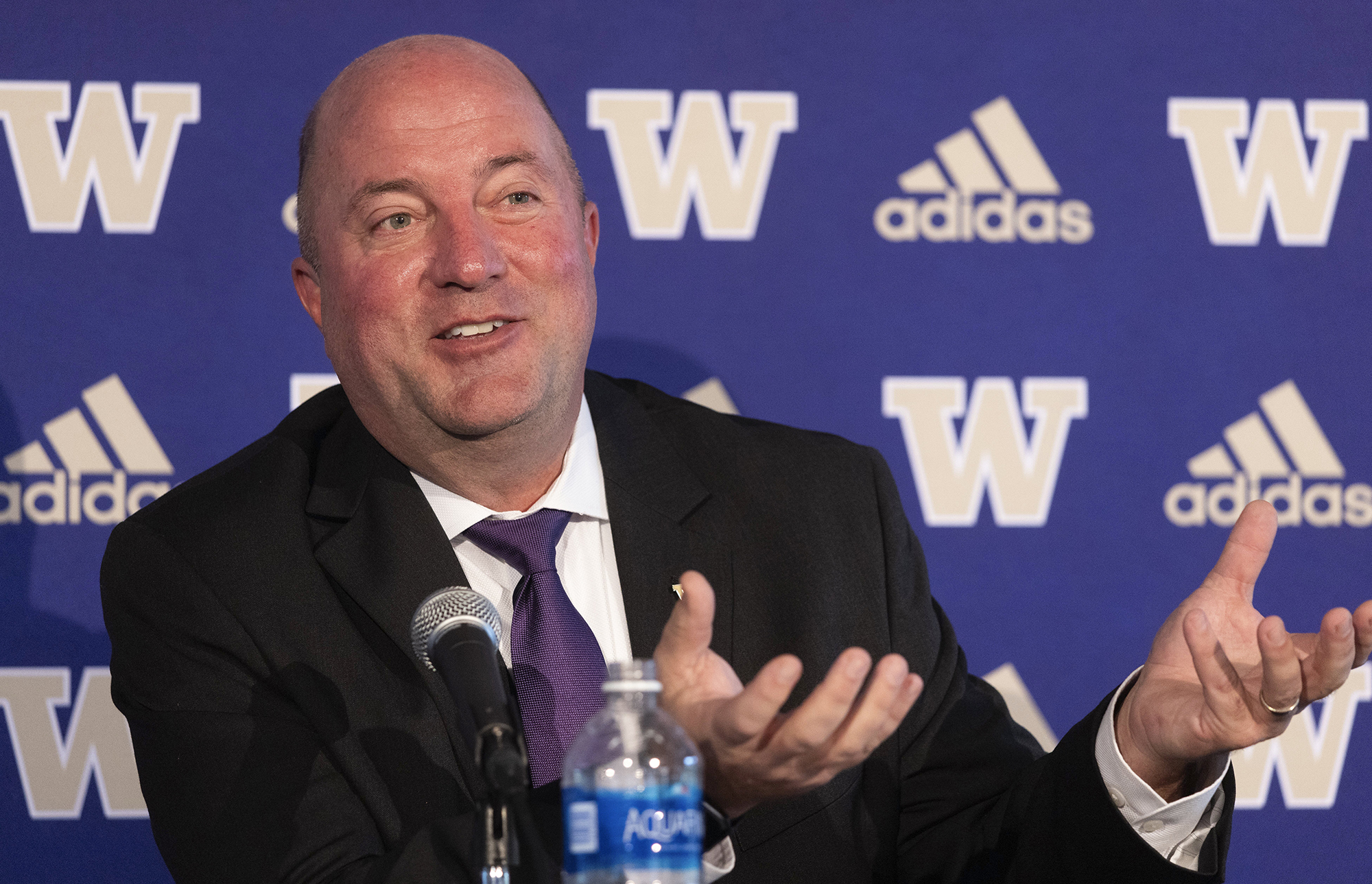 University of Washington's new Athletic Director Troy Dannen meets with the news media during a news conference, Tuesday, Oct. 10, 2023 in Seattle.