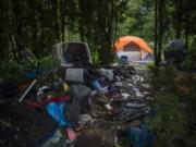A homeless camp spreads out in a wooded area in Hazel Dell in 2019.