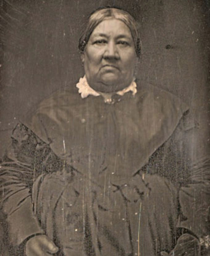 The only known photograph of Marguerite McLoughlin (circa 1775-1860) is this daguerreotype taken later in her life. She was known as a kind and loving person whose calmness balanced the quick temper of her husband, John McLoughlin. Earlier in life, she was also regarded for her beauty and strength of character. A skillful seamstress, she enjoyed teaching other women needlework and beadwork.