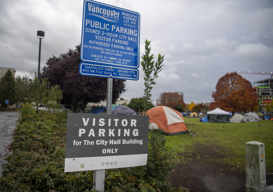 Tents sit in an empty lot behind Vancouver City Hall. Vancouver City Manager Eric Holmes declared a civic emergency on Friday in response to what the city describes as a "perfect storm" of increased criminal activity and drug use in camps and a growing disinterest among camp residents in getting help.