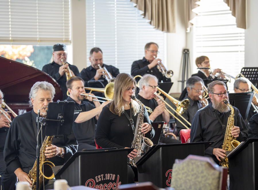 The Beacock Music Jazz Band brings the swing to Clearwater Springs Assisted Living one morning in November. Senior homes are &ldquo;a great circuit&rdquo; for senior musicians, said bandleader Gene Burton, on saxophone at front right.