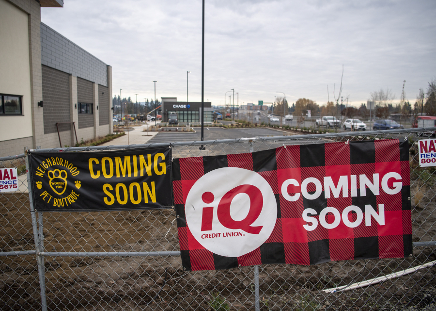 Signage advertises future tenants of Skyview Station in Salmon Creek. Some of the businesses at the shopping center are expecting to open as early as next month.