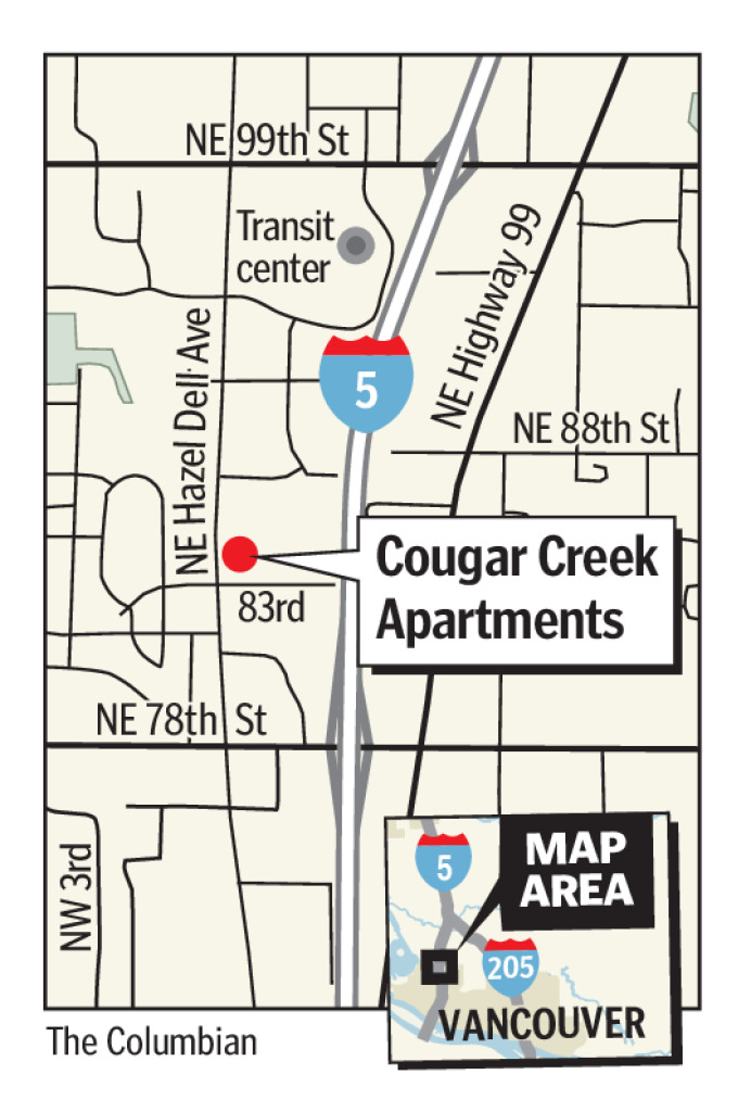 Amanda Cowan/The Columbian, The sign for Cougar Creek Apartments is pictured in Hazel Dell., Amanda Cowan/The Columbian, After a $38 million renovation, Cougar Creek Apartments in Hazel Dell &mdash; built in 1972 &mdash; will have solar power and air conditioning., Amanda Cowan/The Columbian, Cougar Creek Apartments will undergo a major renovation next year.