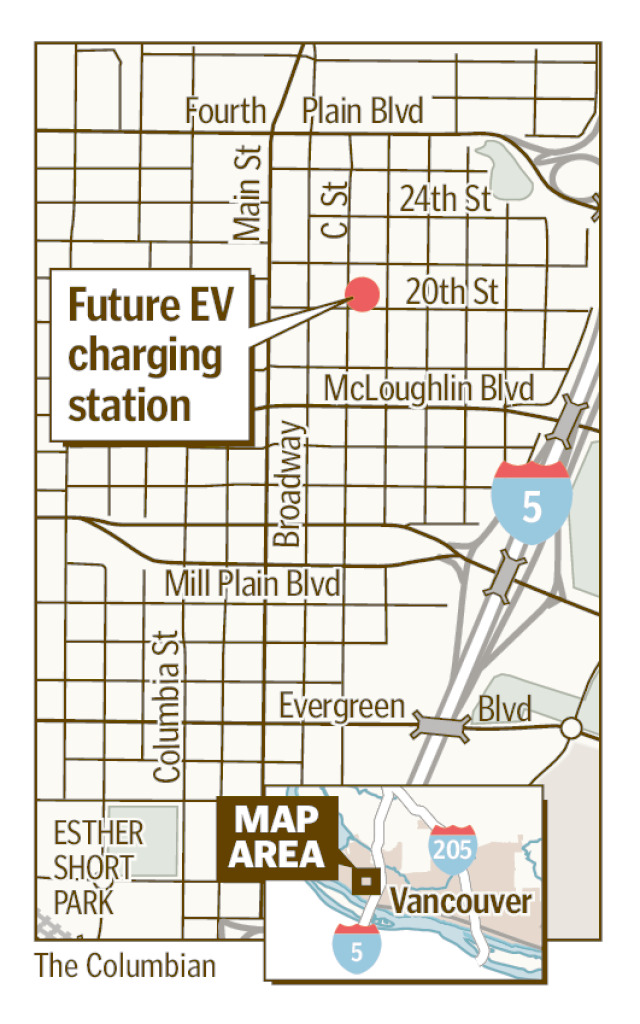 Lauren Ellenbecker/The Columbian, This future EV charging station site is at the corner of East 20th and C streets., Lauren Ellenbecker/The Columbian, This future EV charging station site is at the corner of East 20th and C streets.