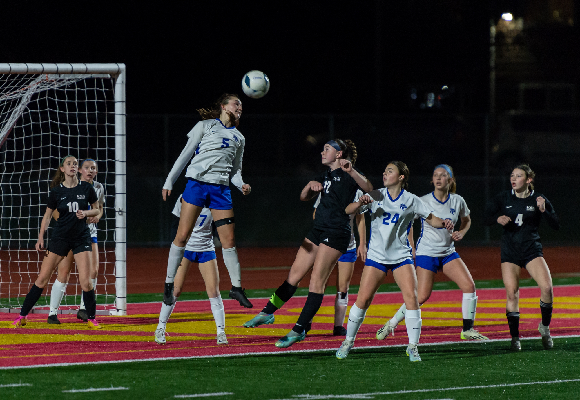 La Center senior midfielder Shaela Bradley stretches to try to deflect a corner kick in a 1A State girls soccer semifinal game on Friday, Nov. 17, 2023, at Mount Tahoma Stadium in Tacoma.