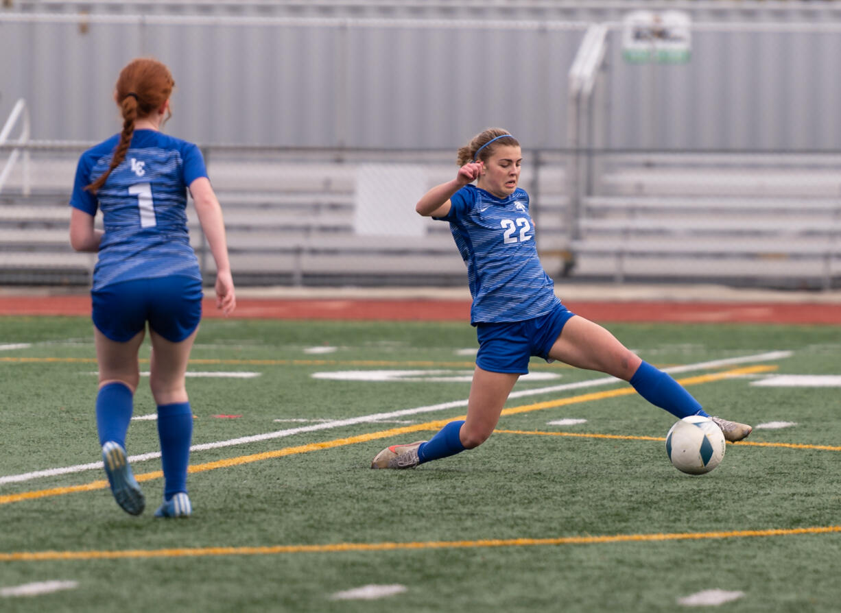 La Center senior forward Madisen Newbury stretches for the ball in a 1A State girls soccer third-place game on Saturday, Nov. 18, 2023, at Mount Tahoma Stadium in Tacoma.