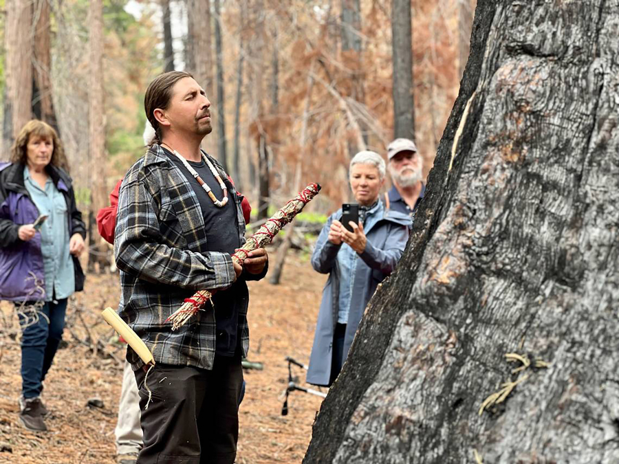 Leader of the Calaveras band of Mi-Wuk Indians Adam Lewis sang Native songs and prayed for The Orphans' survival Sunday, June 11, 2023, at Calaveras Big Trees State Park.