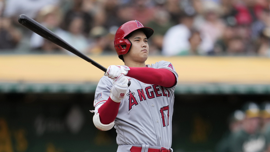 Los Angeles Angels' Shohei Ohtani during a baseball game against the Oakland Athletics in Oakland, Calif., Saturday, Sept. 2, 2023.