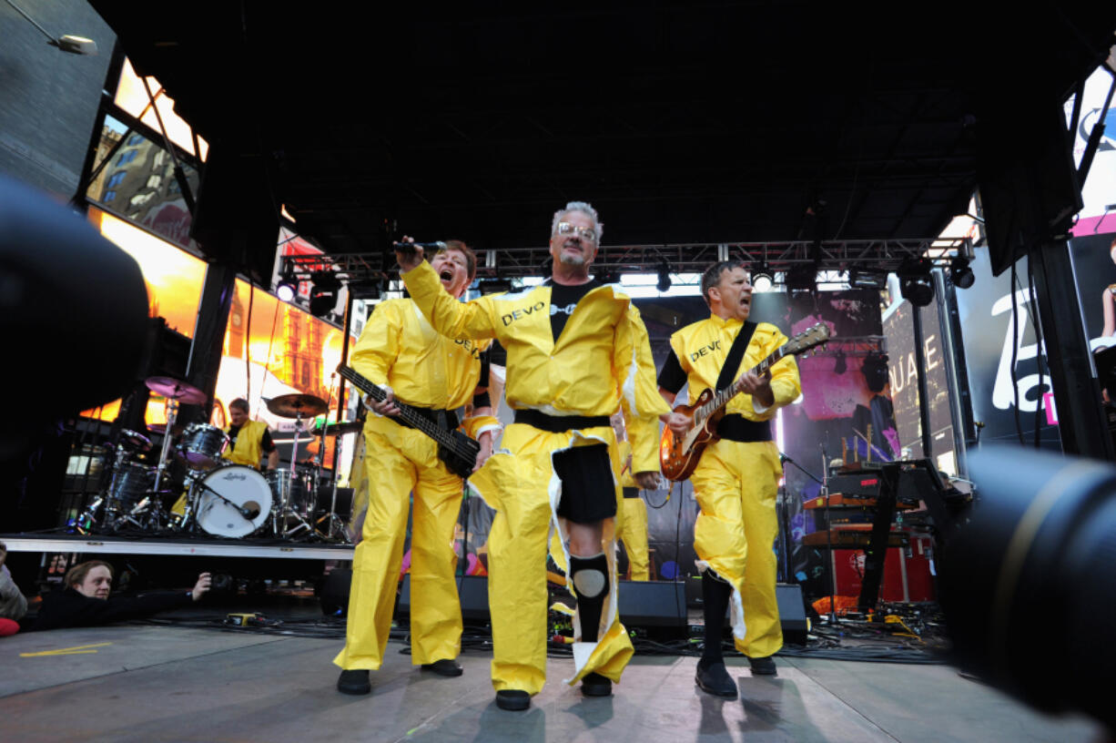 Members of the band Devo, Gerald Casale, Mark Mothersbaugh and Bob Mothersbaugh, perform during CBGB Music &amp; Film Festival 2014, on Oct. 12, 2014, in New York City.