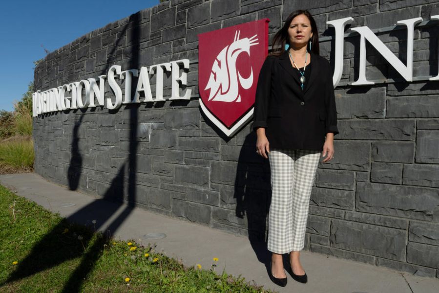 Zoe Higheagle Strong (Nez Pierce), Washington State University Vice Provost for Native American Relations and Programs, and Tribal Liaison to the President, poses for a photo on Friday, Oct. 6, 2023, at the Elson S. Floyd Cultural Center on the WSU campus in Pullman. Washington State University suffered a decline of some 300 Native students as a result of the coronavirus pandemic, and it is struggling to attract more such students. (Ted S.