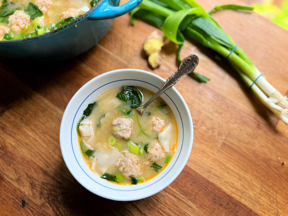 This deconstructed wonton soup with pork meatballs takes less than 20 minutes to prepare.