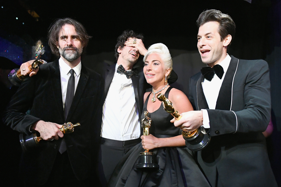 Andrew Wyatt, from left, Anthony Rossomando, Lady Gaga and Mark Ronson pose with the Music (Original Song) award for &ldquo;Shallow&rdquo; from &ldquo;A Star Is Born&rdquo; backstage during the 91st Annual Academy Awards at the Dolby Theatre on Feb. 24, 2019, in Hollywood, Calif.