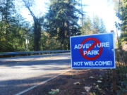 An "Adventure Park Not Welcome Sign" is staked into the ground on the west side of Washougal River Road near the Cape Horn-Skye Elementary School/Canyon Creek Middle School campus in Washougal on Saturday, Oct. 28.