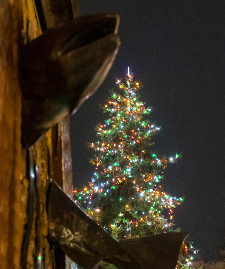 A salmon on the Salmon Run Bell Tower and Glockenspiel frames Downtown Vancouver’s Christmas tree in 2022 at Esther Short Park.