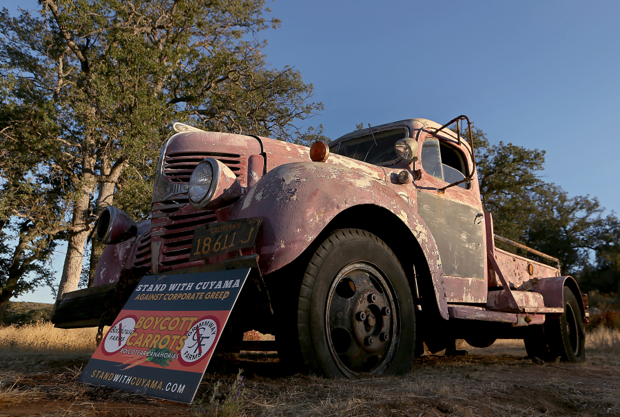 An old truck props up a sign promoting a boycott against two companies that farm carrots in the Cuyama Valley. Residents, ranchers and farmers of the high desert community initiated the boycott after those companies filed a lawsuit against community members over groundwater rights.