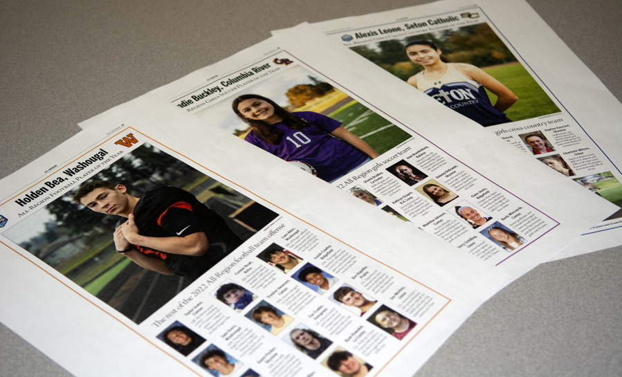 Printed proofs of All-Region special e-edition pages from The Columbian