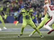 Seattle Seahawks safety Quandre Diggs (6) runs during an NFL football game against the San Francisco 49ers, Thursday, Nov. 23, 2023 in Seattle. The 49ers won 31-13.