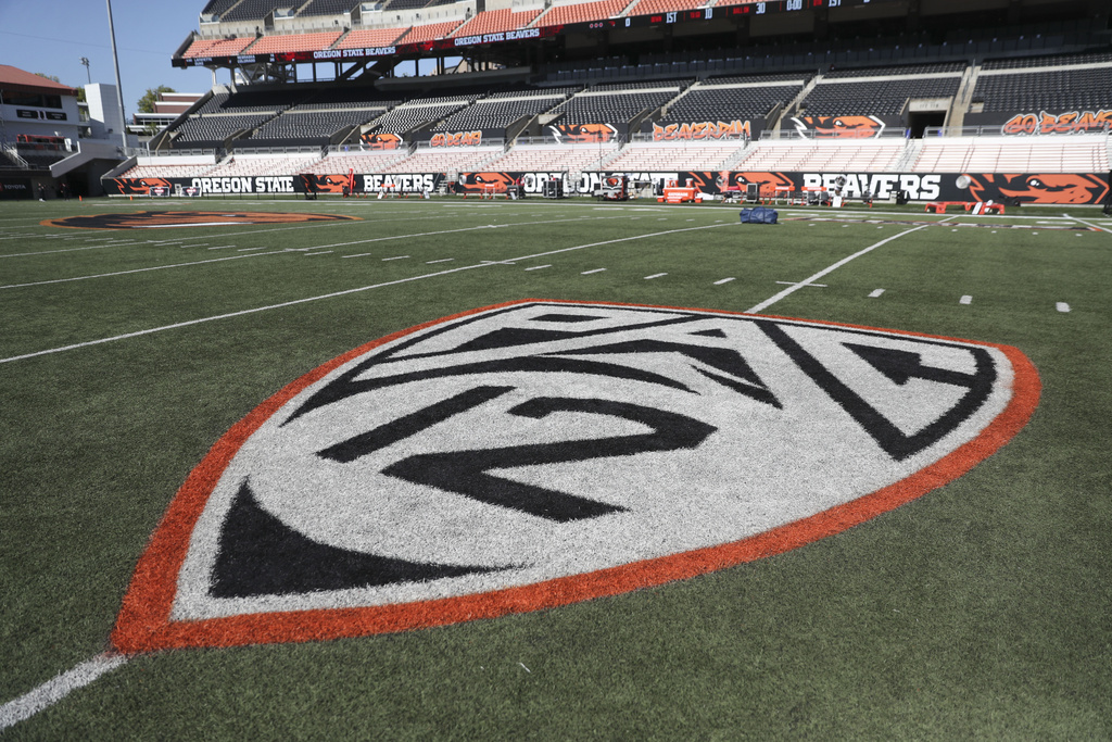A Pac-12 logo on the field at Reser Stadium in Corvallis, Ore.