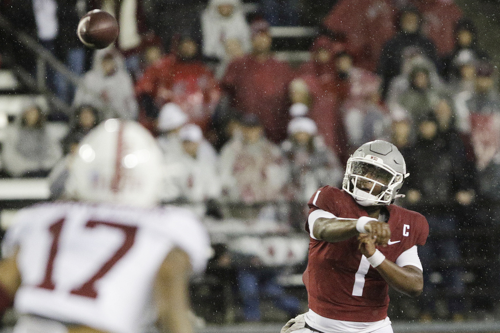 Washington State quarterback Cameron Ward (1) throws a pass during the first half of an NCAA college football game against Stanford, Saturday, Nov. 4, 2023, in Pullman, Wash.