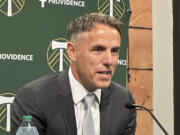 Phil Neville speaks at a news conference introducing him as new head coach of Major League Soccer’s Portland Timbers, Tuesday, Nov. 7, 2023, in Portland, Ore.