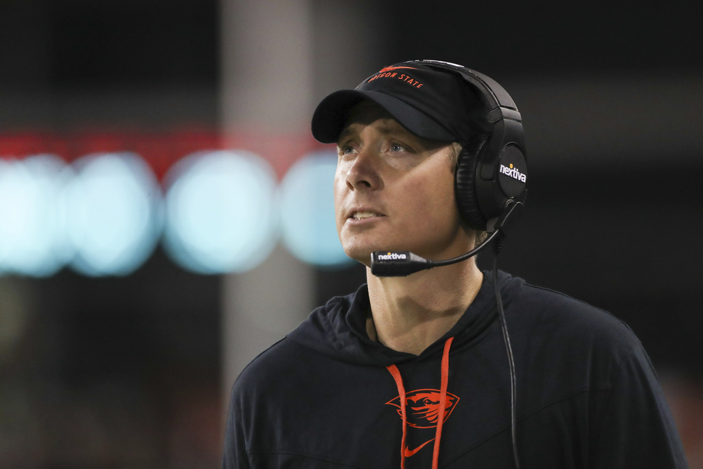 Oregon State promoted defensive coordinator Trent Bray to head coach Tuesday night, Nov. 28, 2023, replacing Jonathan Smith after he left for Michigan State.