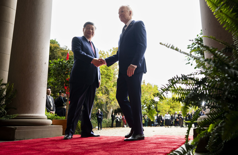 President Joe Biden greets China&rsquo;s President President Xi Jinping at the Filoli Estate in Woodside, Calif., Wednesday, Nov, 15, 2023, on the sidelines of the Asia-Pacific Economic Cooperative conference.