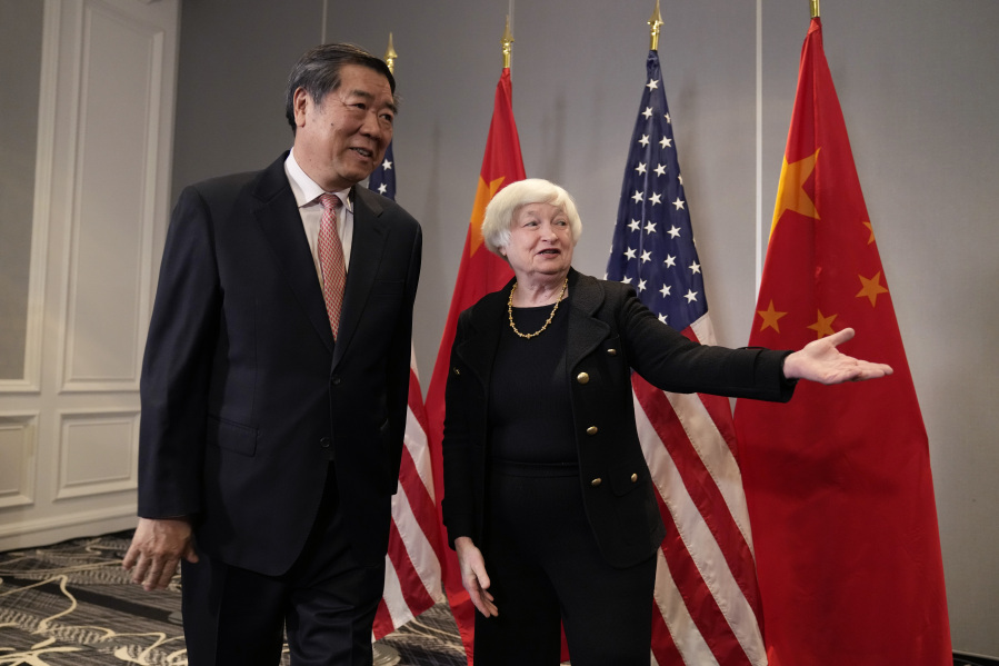 FILE - Treasury Secretary Janet Yellen, right, greets Chinese Vice Premier He Lifeng on Nov. 9, 2023, in San Francisco.