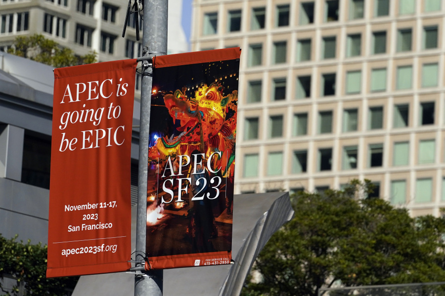 FILE - An APEC Summit sign welcomes visitors Friday, Nov. 10, 2023, in San Francisco. World leaders, CEOS, protesters and thousands of others will soon descend on San Francisco for the high-profile trade summit. (AP Photo/Godofredo A.