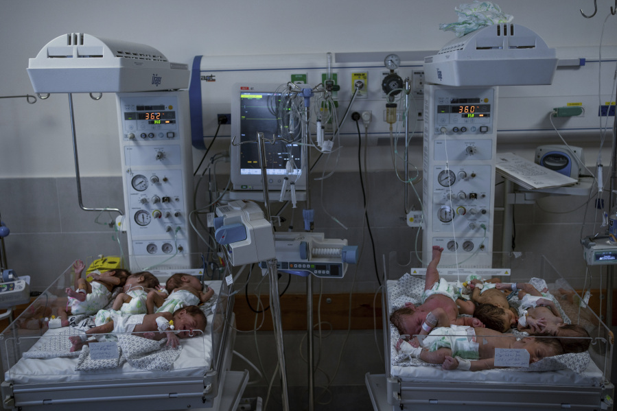 Premature babies are prepared for transport to Egypt after they were evacuated from Shifa Hospital in Gaza City to a hospital in Rafah, Gaza Strip, Monday, Nov. 20, 2023. The Palestinian Red Crescent rescue service said it was transporting 28 premature babies across the border Monday in an operation organized with U.N. bodies.