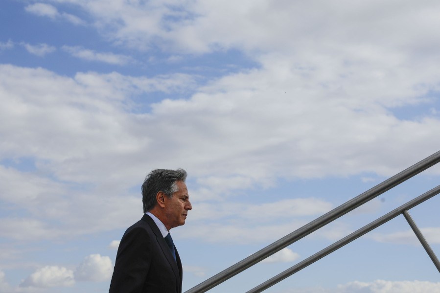 U.S. Secretary of State Antony Blinken boards a plane after his meetings with Turkish counterparts as he departs from Ankara Esenboga Airport in Ankara, Turkey, Monday Nov. 6, 2023.