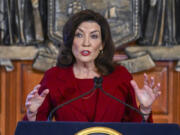 FILE - New York Gov. Kathy Hochul speaks at the state Capitol, Feb. 1, 2023, in Albany, N.Y. On Tuesday, Oct. 31, Hochul announced a probe of antisemitism policies at the City University of New York, the nation's largest urban public university system, as protests about the war between Israel and Hamas erupt at college campuses across the country.