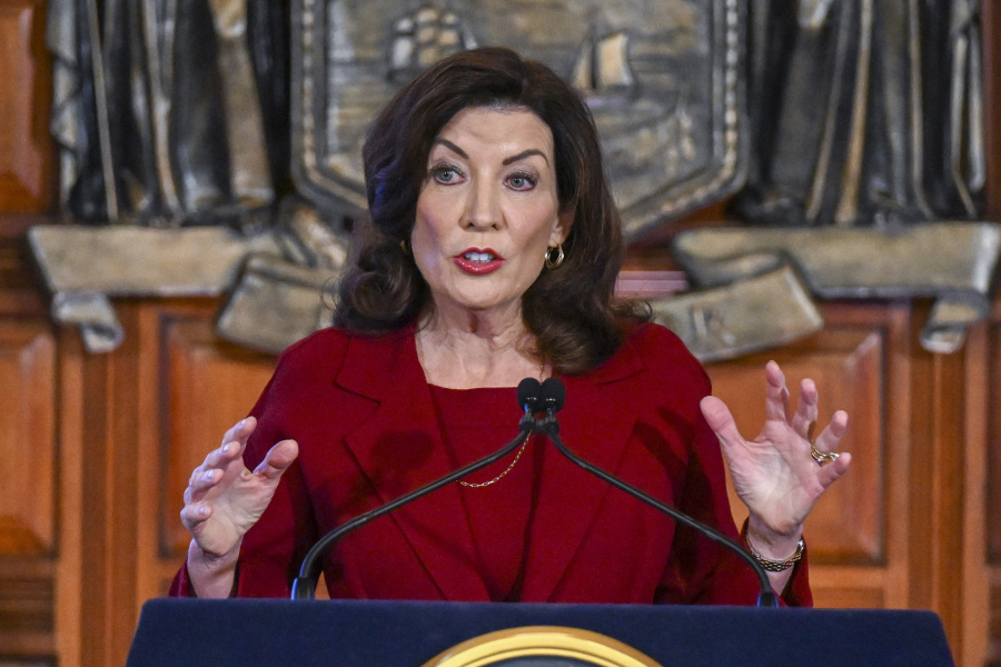 FILE - New York Gov. Kathy Hochul speaks at the state Capitol, Feb. 1, 2023, in Albany, N.Y. On Tuesday, Oct. 31, Hochul announced a probe of antisemitism policies at the City University of New York, the nation's largest urban public university system, as protests about the war between Israel and Hamas erupt at college campuses across the country.