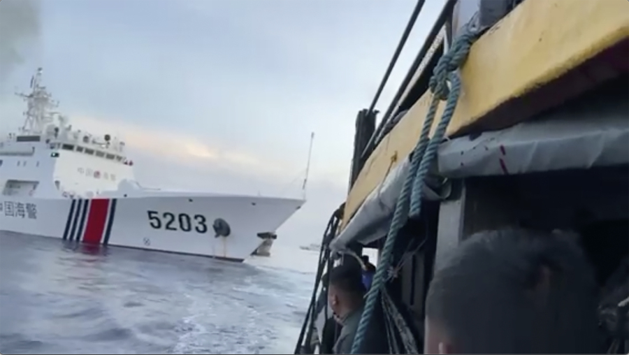 FILE - In this image from a video released by the Armed Forces of the Philippines, Filipino sailors look after a Chinese coast guard ship with bow number 5203 bumps their supply boat as they approach Second Thomas Shoal, locally called Ayungin Shoal, at the disputed South China Sea on Oct. 22, 2023. Chinese and Southeast Asian diplomats renewed a vow to finalize a nonaggression pact for the South China Sea in three years, two regional diplomats said Thursday, Nov. 2, 2023.