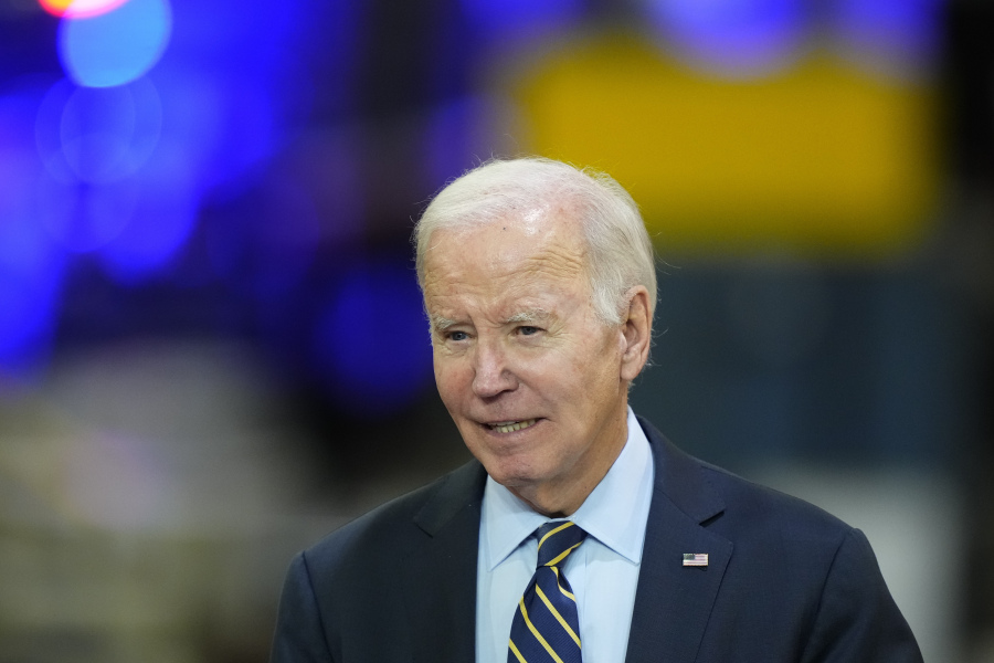 FILE - President Joe Biden speaks at the Amtrak Bear Maintenance Facility, Monday, Nov. 6, 2023, in Bear, Del. Biden on Thursday is heading to Belvidere, Ill., to celebrate an auto plant that has reopened as part of the resolution of a targeted strike by the United Auto Workers union.