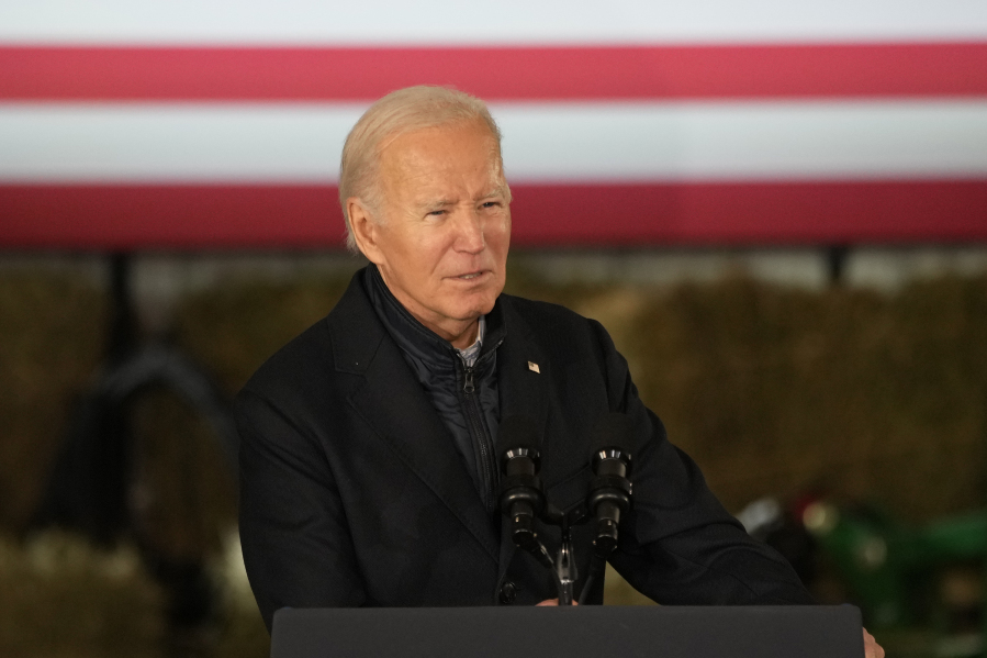 President Joe Biden speaks at Dutch Creek Farms, Wednesday, Nov. 1, 2023, in Northfield, Minn.